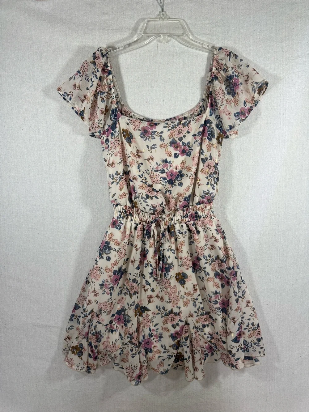 Mi Ami Floral Metallic Lurex Square Neck Mini Dress (XXS)